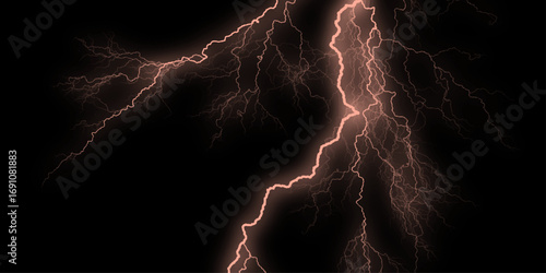 A mesmerizing electric lighting effect radiates against a dark, mysterious black background. A dramatic lightning bolt streaks across the night sky. lightning bolts against dark sky raw power. 