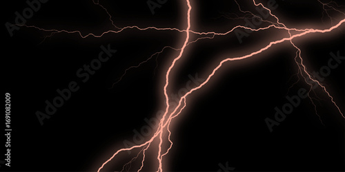 A mesmerizing electric lighting effect radiates against a dark, mysterious black background. A dramatic lightning bolt streaks across the night sky. lightning bolts against dark sky raw power. 