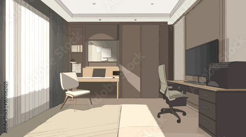 Modern home office interior with dual workstations and minimalist design. A tranquil and productive remote workspace concept with natural light