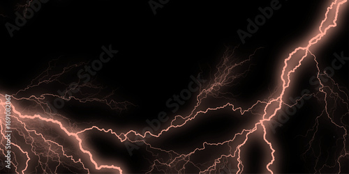 A mesmerizing electric lighting effect radiates against a dark, mysterious black background. A dramatic lightning bolt streaks across the night sky. lightning bolts against dark sky raw power. 