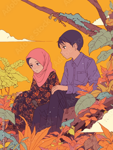 A serene anime illustration of a young Muslim couple sharing a quiet, intimate moment together on a tree branch surrounded by warm autumn foliage