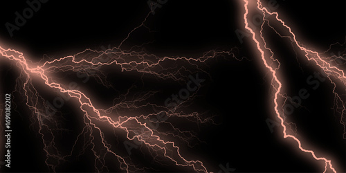 A mesmerizing electric lighting effect radiates against a dark, mysterious black background. A dramatic lightning bolt streaks across the night sky. lightning bolts against dark sky raw power. 