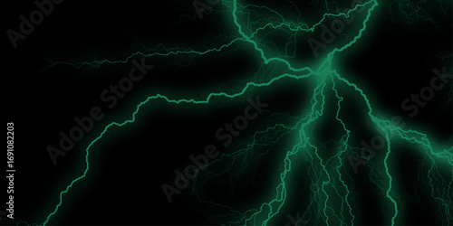Lightning Effect Overlay, Isolated Electric Thunderstorm Bolt Strikes on Dark Night Sky Background.  Abstract Watercolor Vector green and black cracked. Lightning Effect Overlay