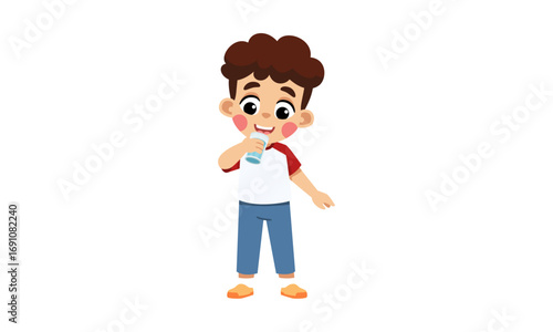 A young boy with curly brown hair drinks from a clear bottle.