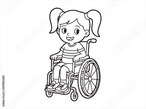 Detailed black-and-white illustration of a smiling child in a wheelchair, ideal for children's content