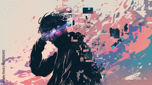 Conceptual digital art of a person in a virtual reality headset fragmenting into a futuristic cityscape
