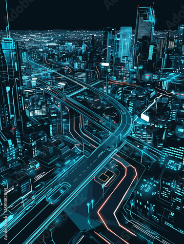 Aerial view of a futuristic smart city at night with glowing neon highways and towering skyscrapers, a digital vector of a metropolis