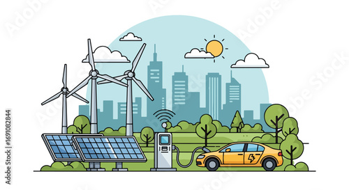 Flat illustration of an electric car charging with solar panels and wind turbines in the background, symbolizing renewable energy, clean transportation, and eco-friendly solutions for a sustainable