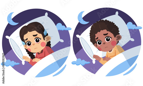 Two worried children, a girl and a boy, lie awake in bed at night, looking anxious and sweating, unable to sleep.