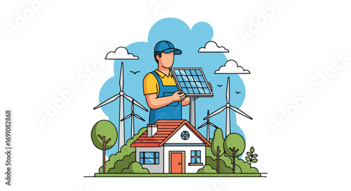 Flat illustration of a person holding a solar panel above a house with wind turbines in the background, symbolizing renewable energy, sustainability, and eco-friendly living for a greener future