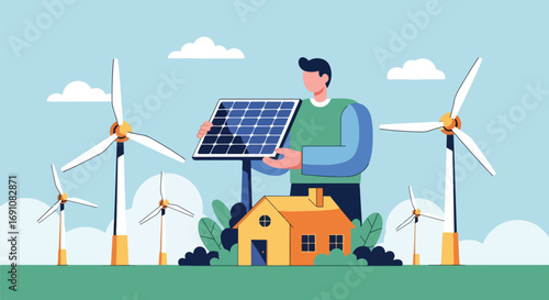 Flat illustration of a person holding a solar panel above a house with wind turbines in the background, symbolizing renewable energy, sustainability, and eco-friendly living for a greener future