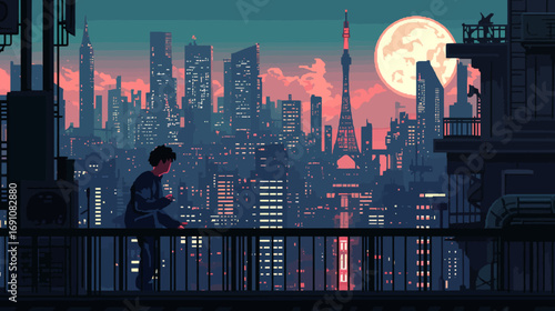 Solitary figure on a balcony overlooking a vast, glowing pixel art city skyline during a beautiful sunset with a full moon