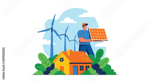 Flat illustration of a person holding a solar panel above a house with wind turbines in the background, symbolizing renewable energy, sustainability, and eco-friendly living for a greener future