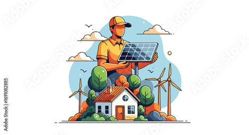 Flat illustration of a person holding a solar panel above a house with wind turbines in the background, symbolizing renewable energy, sustainability, and eco-friendly living for a greener future