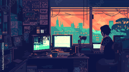 Serene pixel art scene of a person at a cluttered desk watching a city sunset, a cozy retro illustration for lo-fi and study aesthetics