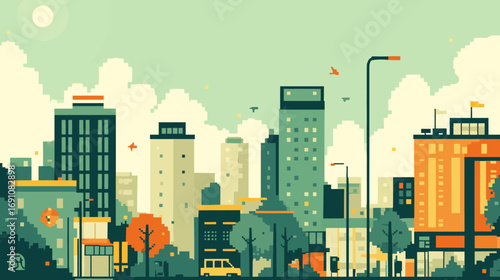 Modern city skyline with buildings and green trees, a flat design vector illustration with a beautiful soft pastel color palette