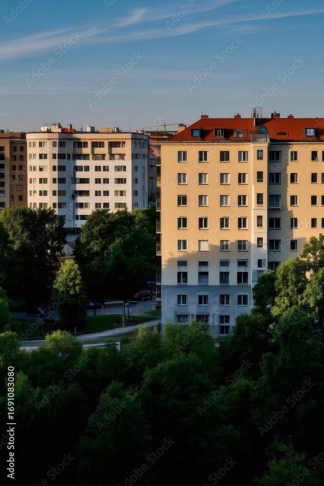 Naklejka premium 日中の穏やかな光の中の緑の木々のあるクリーム色の建築物