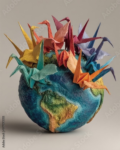 Colorful origami cranes clustered atop a detailed globe
