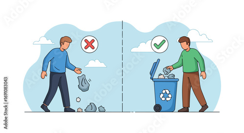 Flat illustration showing the difference between littering and proper recycling, encouraging eco-friendly habits, waste management, and environmental responsibility for a cleaner planet