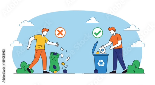 Flat illustration showing the difference between littering and proper recycling, encouraging eco-friendly habits, waste management, and environmental responsibility for a cleaner planet