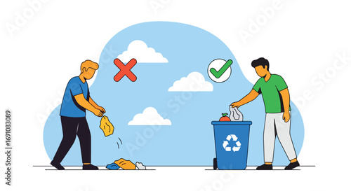 Flat illustration showing the difference between littering and proper recycling, encouraging eco-friendly habits, waste management, and environmental responsibility for a cleaner planet