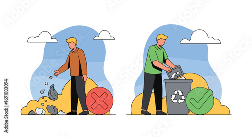Flat illustration showing the difference between littering and proper recycling, encouraging eco-friendly habits, waste management, and environmental responsibility for a cleaner planet