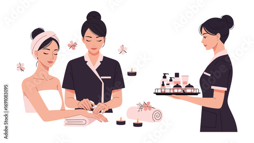 Young woman getting her hair cut and styled by a professional hairdresser in a modern salon with tools and products visible