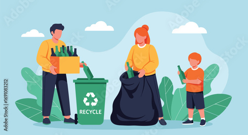 Flat illustration of a family recycling glass bottles into a green bin, symbolizing sustainability, eco-friendly habits, waste reduction, and community responsibility for a cleaner environment