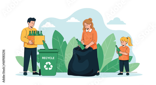 Flat illustration of a family recycling glass bottles into a green bin, symbolizing sustainability, eco-friendly habits, waste reduction, and community responsibility for a cleaner environment