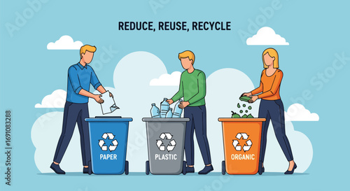 Flat illustration of people sorting paper, plastic, and organic waste into recycling bins under the slogan “Reduce, Reuse, Recycle,” symbolizing sustainability, eco awareness, and environmental