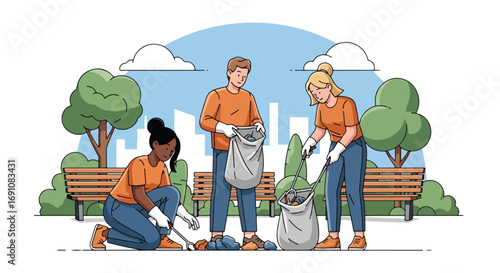 Flat illustration of people cleaning up litter in a city park with bags and tools, symbolizing community action, environmental care, and sustainability for a cleaner future