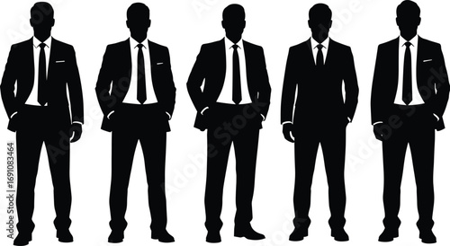 Silhouettes of Businessmen in Suits Standing Confidently, Ideal for Corporate Identity, Office, Fashion, and Professional Concept Themes