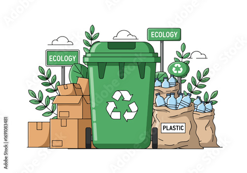Flat illustration of recycling bins with plastic bottles and cardboard boxes, symbolizing waste management, sustainability, and eco-friendly practices for a cleaner environment