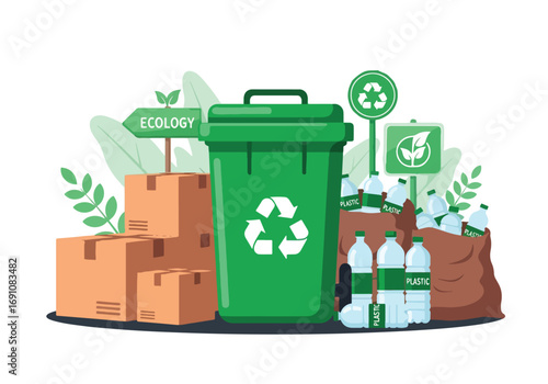 Flat illustration of recycling bins with plastic bottles and cardboard boxes, symbolizing waste management, sustainability, and eco-friendly practices for a cleaner environment