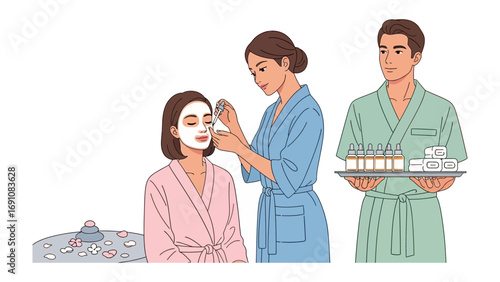 Young woman applying makeup with a brush while sitting in a chair with a makeup kit and lipstick nearby isolated on white