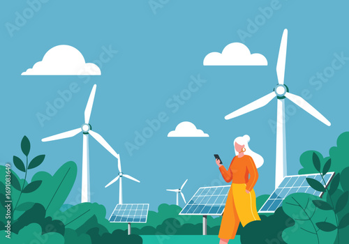 Flat illustration of a woman using a smartphone near solar panels and wind turbines, symbolizing renewable energy, sustainability, green technology, and eco-friendly living