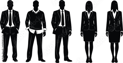 Silhouettes of Men and Women in Business and Casual Attire, Ideal for Workplace Diversity, Fashion, and Professional Concept Themes