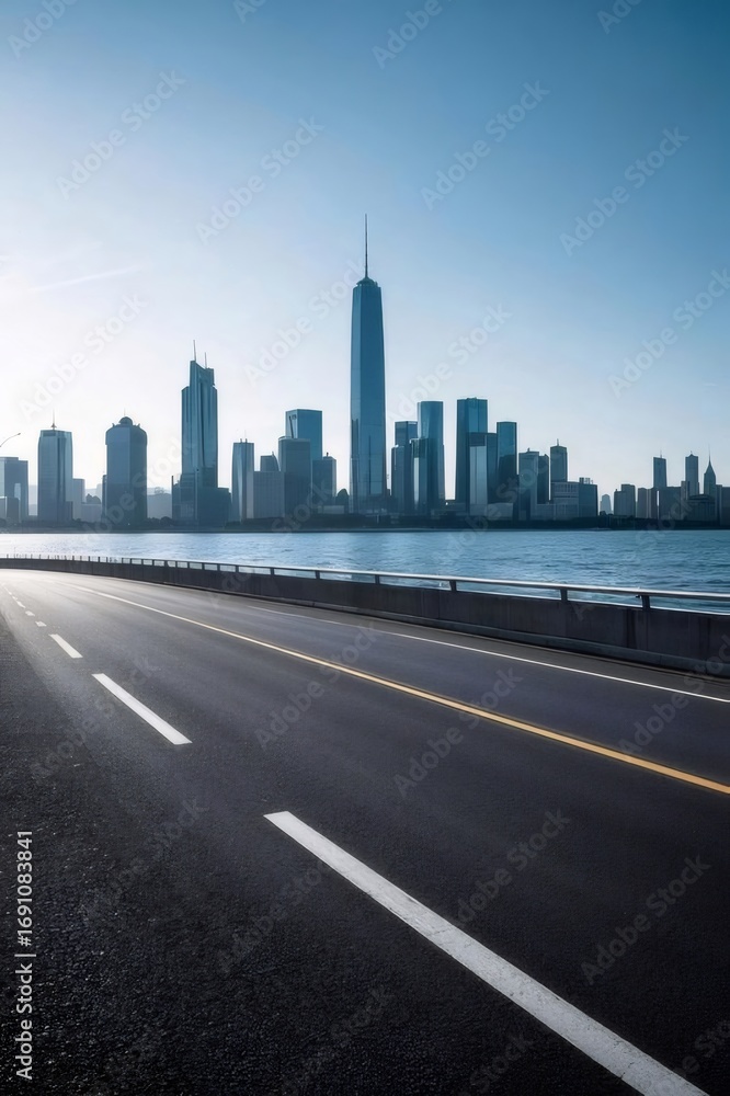 Naklejka premium 青空の下アスファルトの道と高層ビル群の都市景観 青い海の背景にそびえ立つ近代的な都市風景