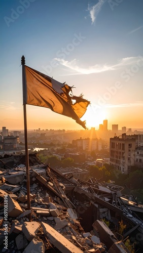 Flag fluttering over cityscape ruins against a vibrant sunset reflecting resilience and hope