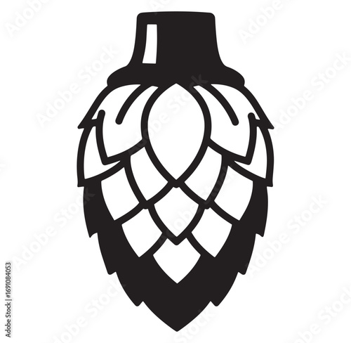 Black and white illustration of a hop cone symbol for craft beer and brewing