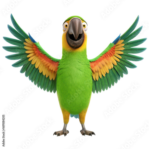 funny animal reactions Vibrant parrot with colorful feathers and outstretched wings.