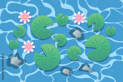 Vector illustration of a lotus plant above a pond with small stones