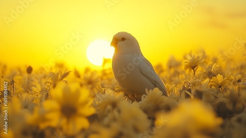 A pale white parrot perches amidst a field of pale yellow flowers at sunset. Sunlight blazes through the vibrant blossoms