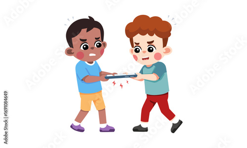 Two children are fighting over a tablet, their expressions angry and determined.