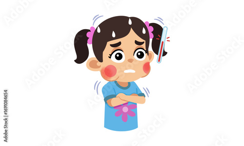 A young girl with a fever, shown with flushed cheeks and a thermometer.