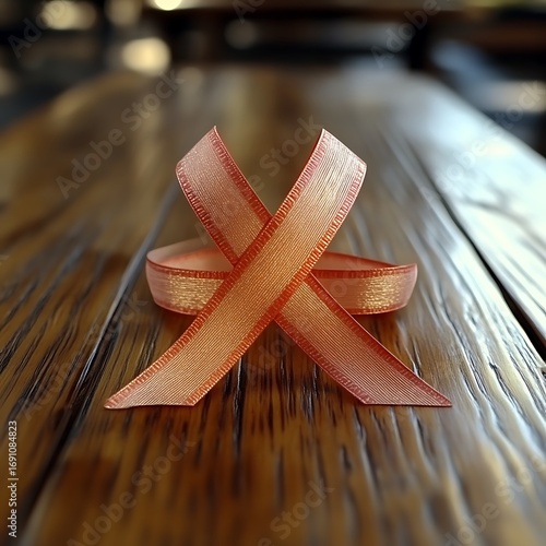 A pale peach ribbon, formed into an X, rests on a wooden table.  Soft focus on the background