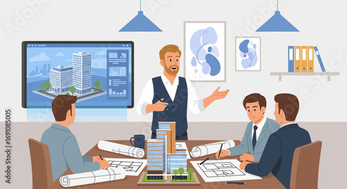 Architectural design team collaboration on a new building project development in a modern office