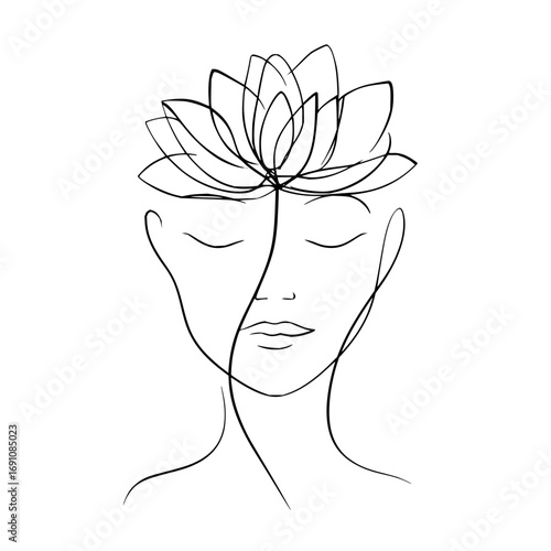 Woman face lotus flower line art drawing vector illustration for beauty wellness and mindfulness logo design 100
