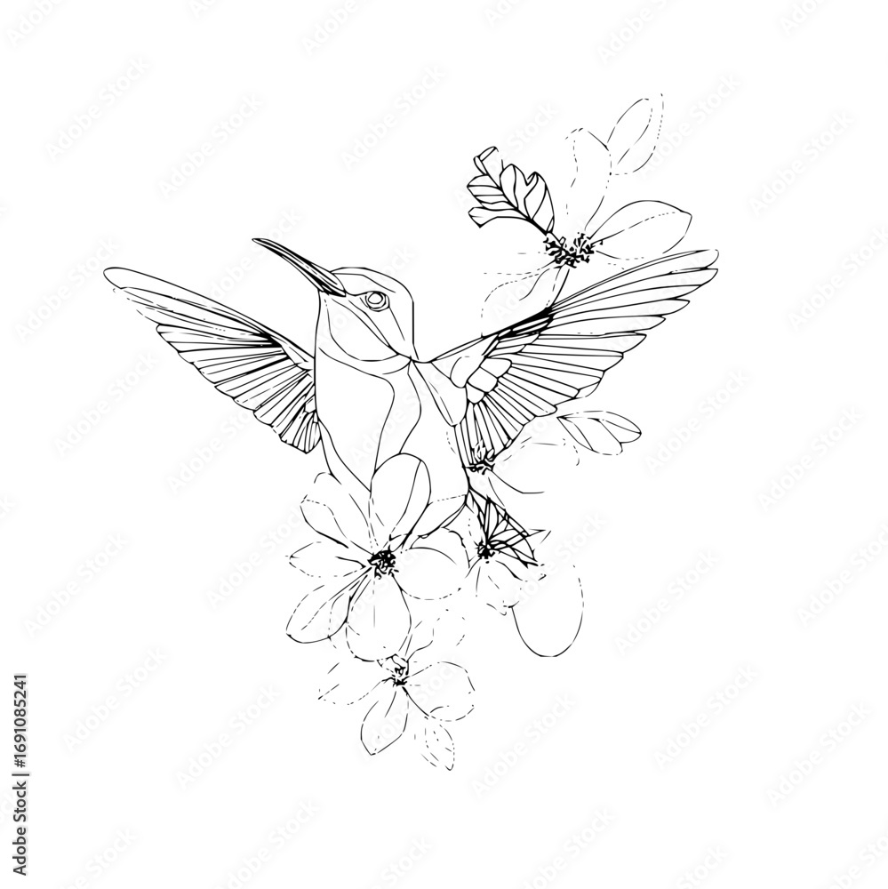 Fototapeta premium Hummingbird line art with floral design vector illustration for print and tattoo design concept image