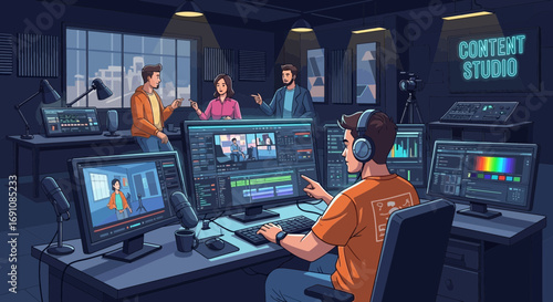 Professional video production team working in modern studio for online content creation